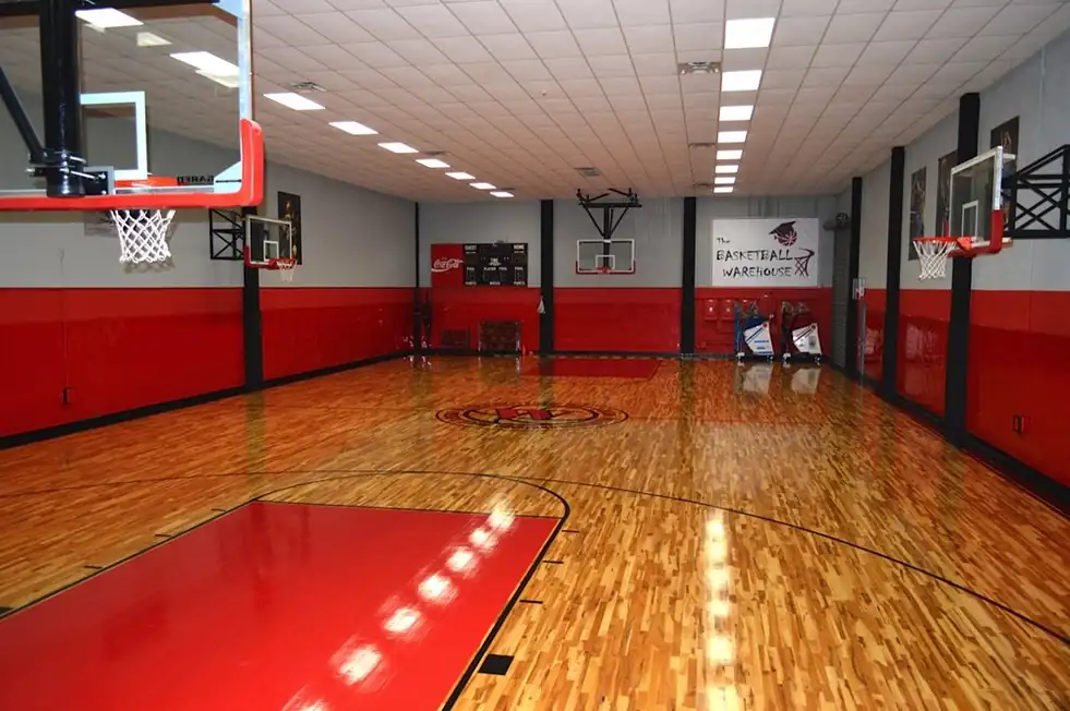 The red and black back wall of the Warehouse after the renovation