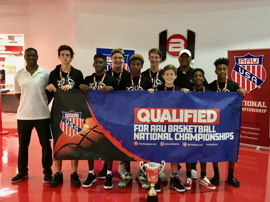 TBWA 8th grade team holding the banner after qualifying for the AAU Basketball National Championships